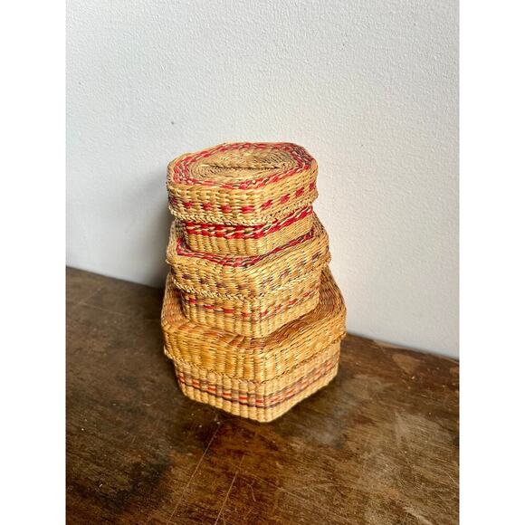 Vintage Chinese Nesting Baskets | Intricate Woven Grass Weave - Picture 2 of 6